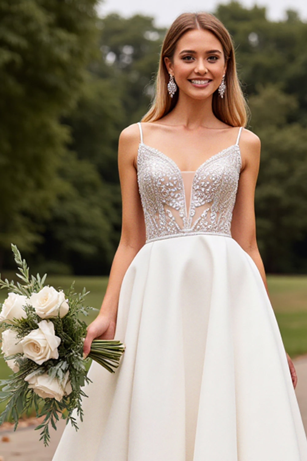 Ivory Spaghetti Straps A Line Weding Dress with Beading