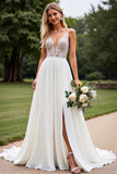 Chiffon Ivory Appliques Deep V Neck A Line Wedding Dress