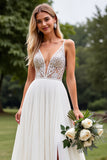 Chiffon Ivory Appliques Deep V Neck A Line Wedding Dress