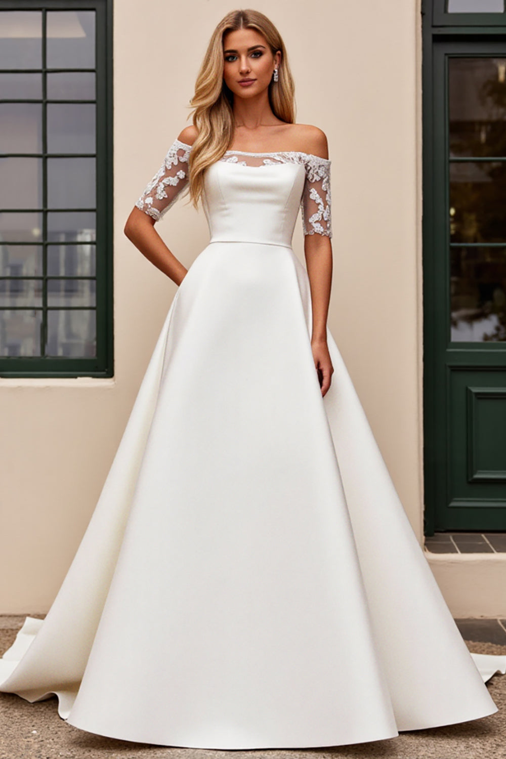 lvory A Line Off The Shoulder Appliqued Long Wedding Dress