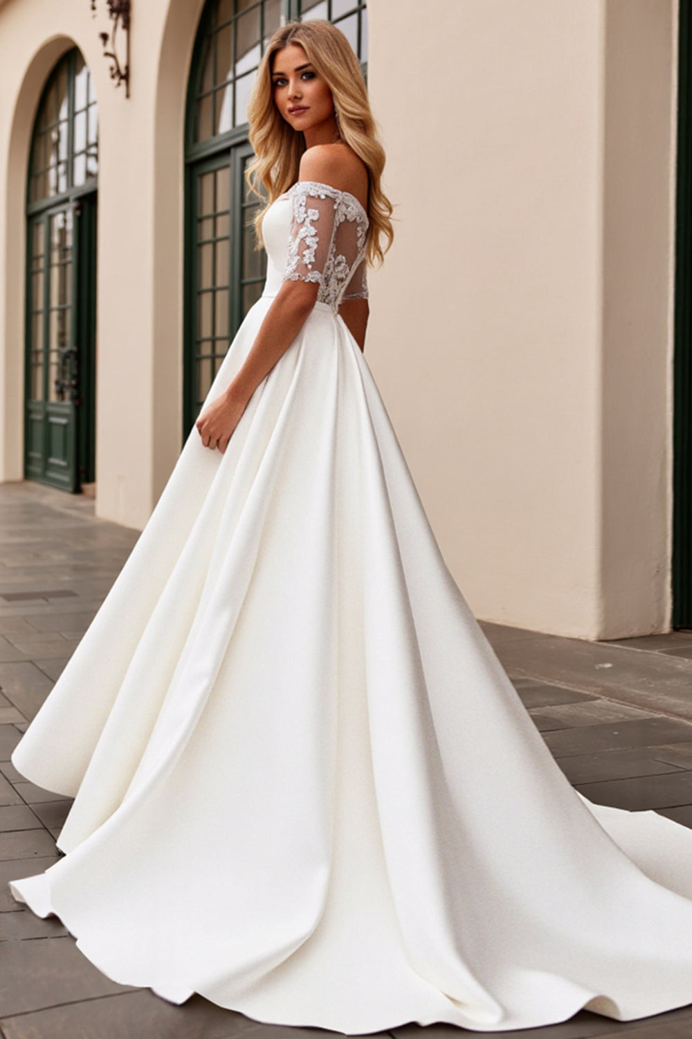 lvory A Line Off The Shoulder Appliqued Long Wedding Dress