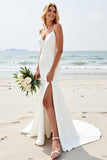 lvory Mermaid Spaghetti Straps Wedding Dress with Slit