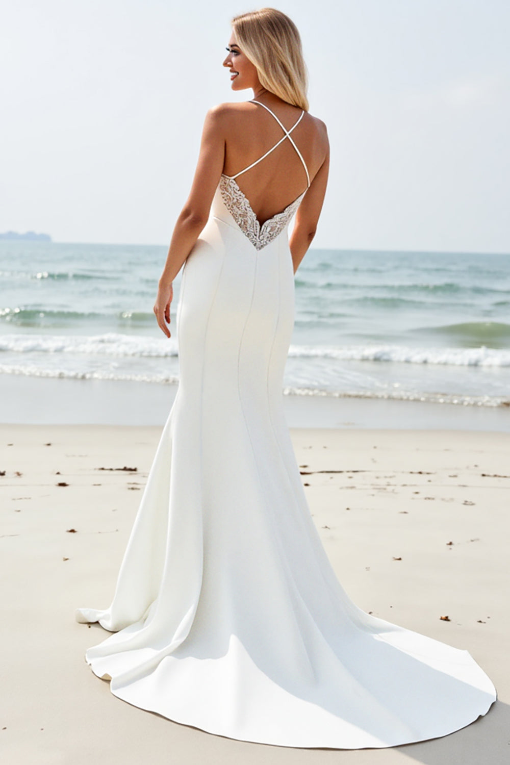 lvory Mermaid Spaghetti Straps Wedding Dress with Slit