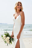 lvory Mermaid Spaghetti Straps Wedding Dress with Slit