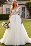 lvory A Line Long Sleeves Lace Appliqued Wedding Dress