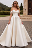 lvory A Line Off The Shoulder Satin Long Wedding Dress
