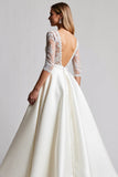 A Line Half Sleeves lvory Lace Long Wedding Dress
