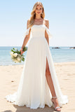 lvory A Line Off The Shoulder Long Wedding Dress with Slit
