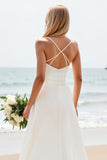 Simple White A-Line Spaghetti Straps Satin Long Bridal Dress