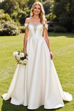 White A-Line Rhinestones Off The Shoulder Satin Long Bridal Dress