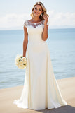 White Sheath Laced Scoop Satin Long Bridal Dress