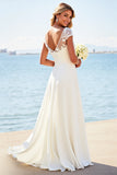 White Sheath Laced Scoop Satin Long Bridal Dress