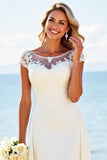 White Sheath Laced Scoop Satin Long Bridal Dress