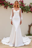 Ivory Mermaid V Neck Long Sleeves Satin Bridal Dress With Lace