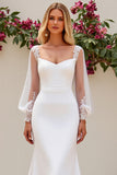 Ivory Mermaid V Neck Long Sleeves Satin Bridal Dress With Lace