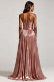 Glitter Dusty Rose A Line Cut Out Spaghetti Straps Prom Dress