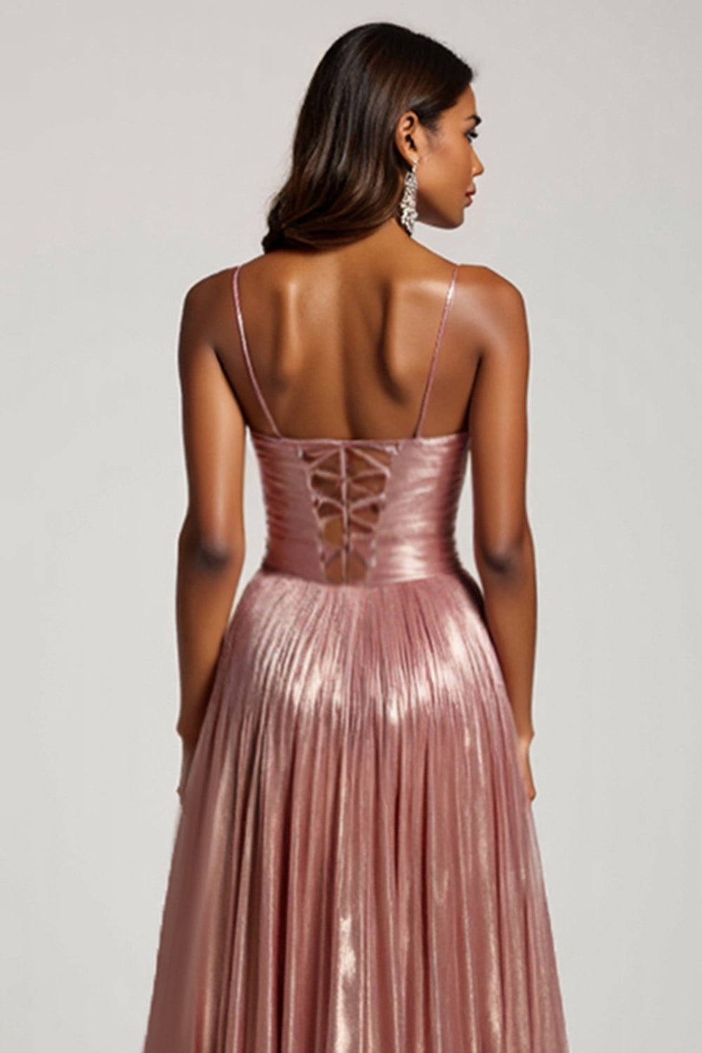 Glitter Dusty Rose A Line Cut Out Spaghetti Straps Prom Dress
