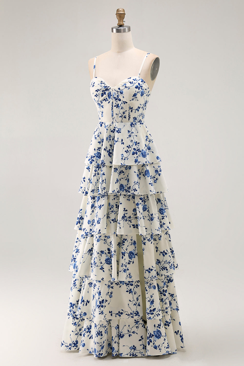 Blue Floral A Line Tiered Ruffled Long  Prom Dress with Slit