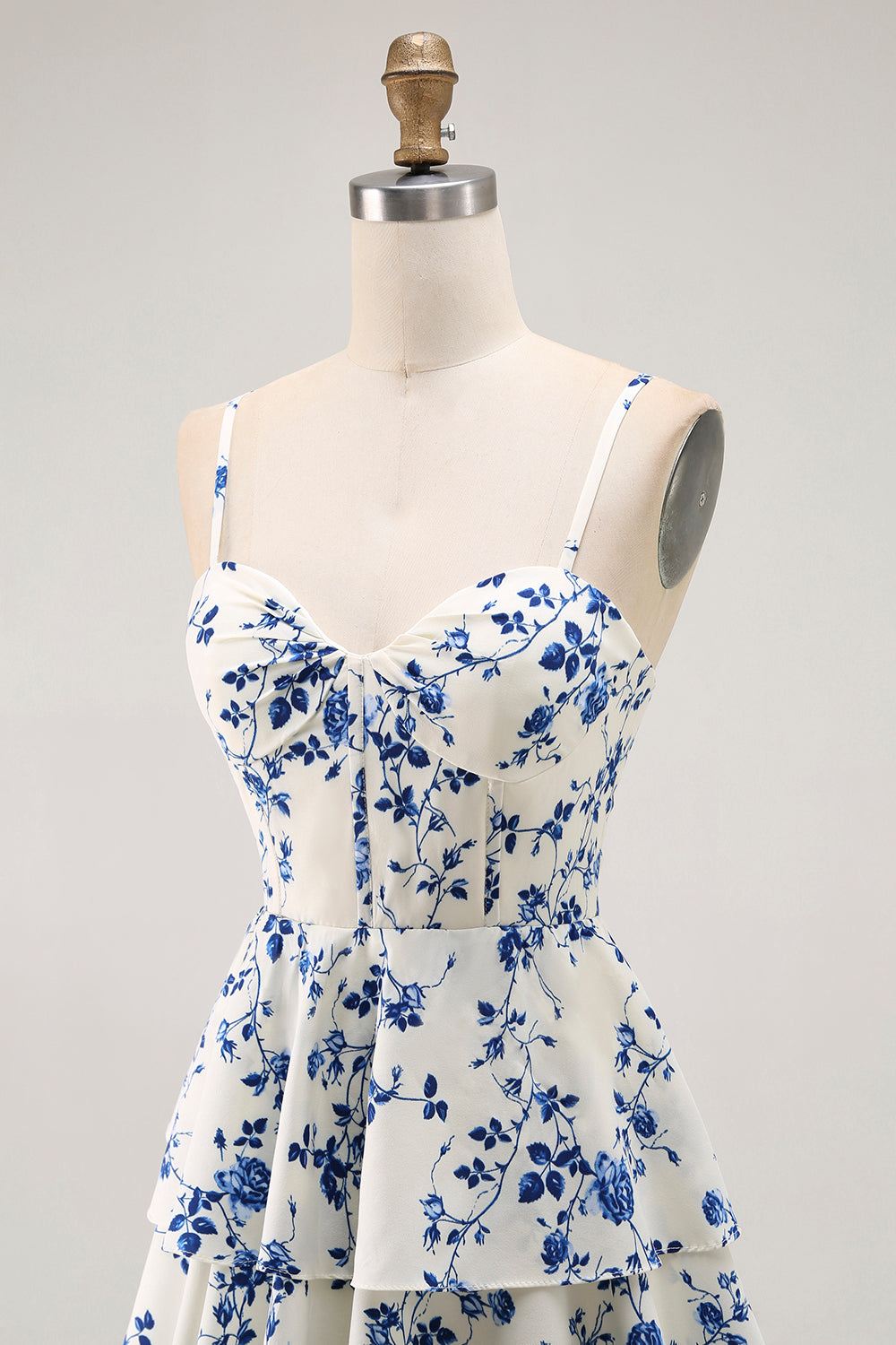 Blue Floral A Line Tiered Ruffled Long  Prom Dress with Slit