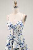 Blue Floral A Line Tiered Ruffled Long  Prom Dress with Slit