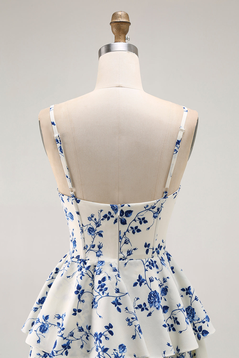Blue Floral A Line Tiered Ruffled Long  Prom Dress with Slit