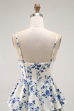 Blue Floral A Line Tiered Ruffled Long  Prom Dress with Slit