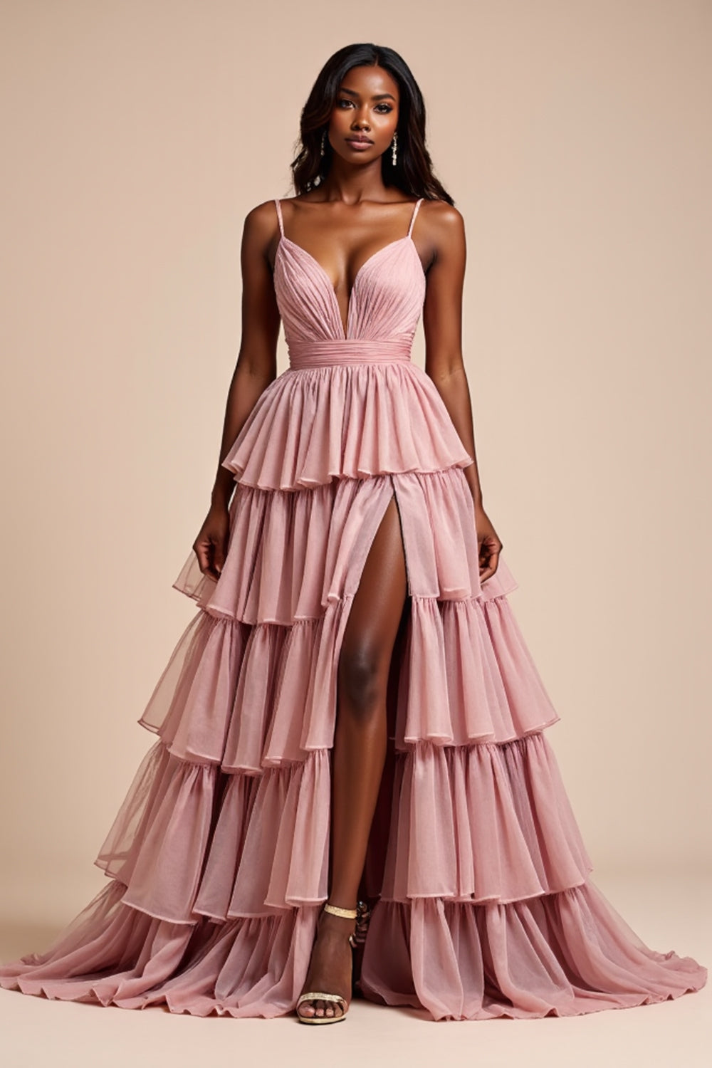 Dusty Rose A Line Spaghetti Straps Ruffles Tiered Prom Dress