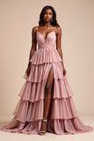 Dusty Rose A Line Spaghetti Straps Ruffles Tiered Prom Dress