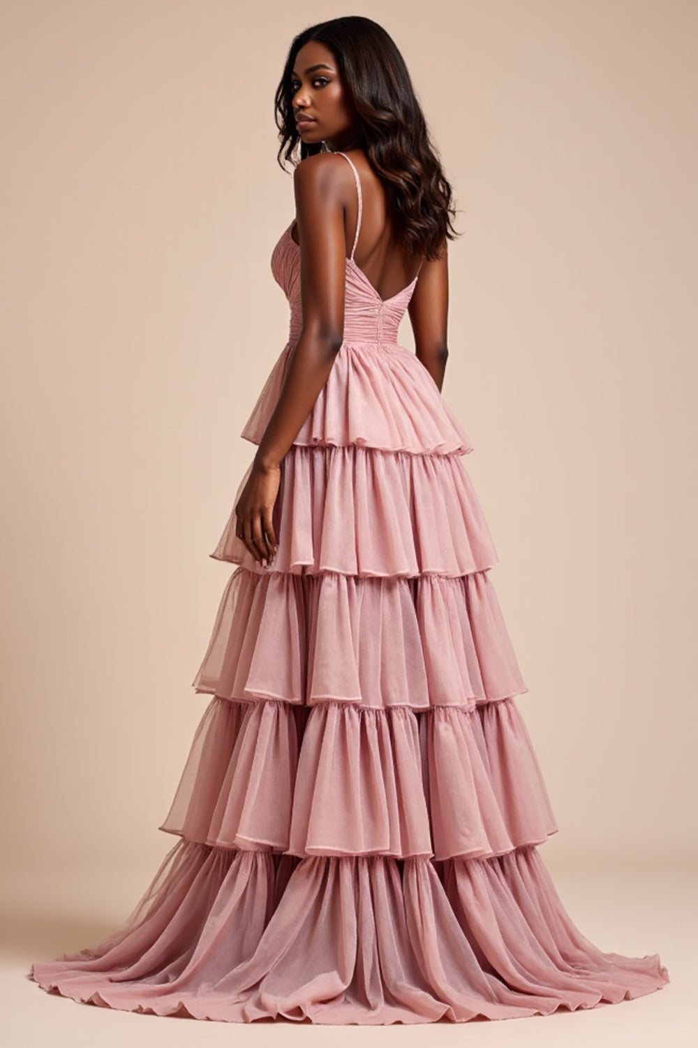 Dusty Rose A Line Spaghetti Straps Ruffles Tiered Prom Dress
