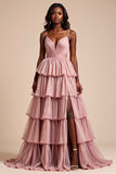 Dusty Rose A Line Spaghetti Straps Ruffles Tiered Prom Dress