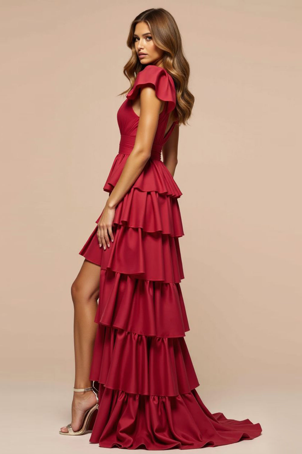 Dark Red A-Line Deep V Neck Ruffles Long Prom Dress with Slit