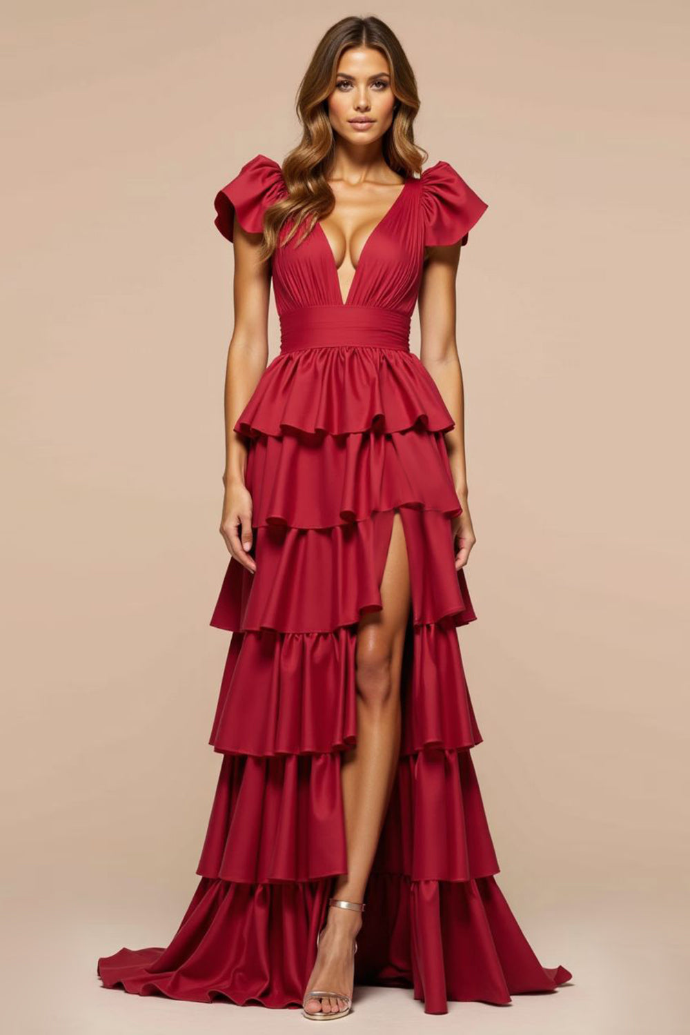 Dark Red A-Line Deep V Neck Ruffles Long Prom Dress with Slit