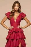 Dark Red A-Line Deep V Neck Ruffles Long Prom Dress with Slit