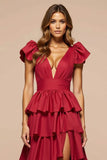 Dark Red A-Line Deep V Neck Ruffles Long Prom Dress with Slit