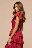Dark Red A-Line Deep V Neck Ruffles Long Prom Dress with Slit