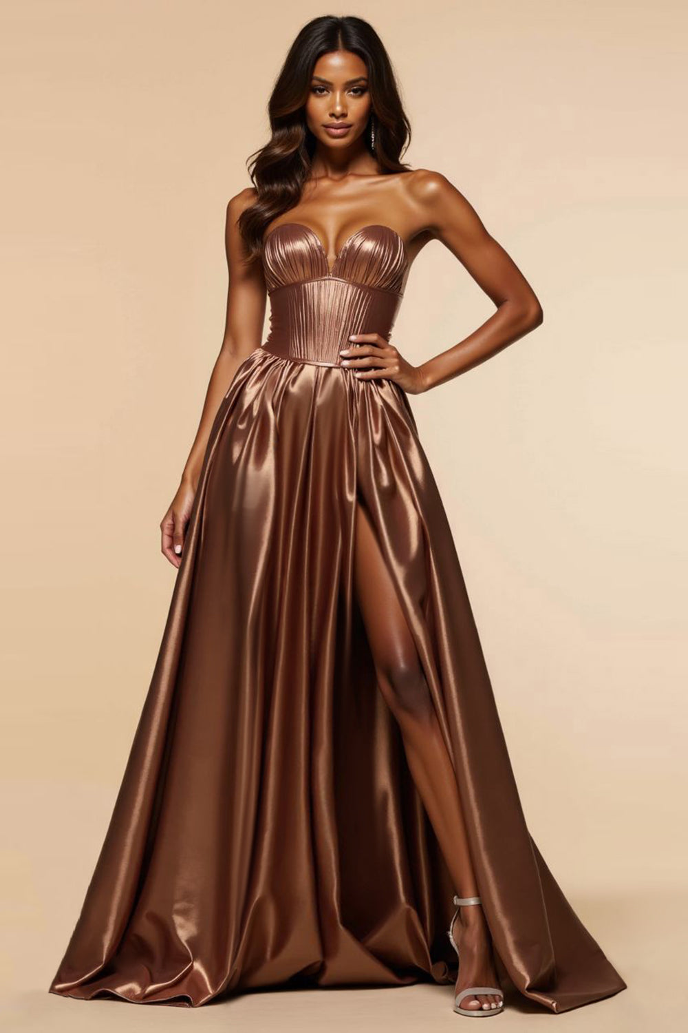Brown A-Line Strapless Strapless Corset Long Prom Dress with Slit