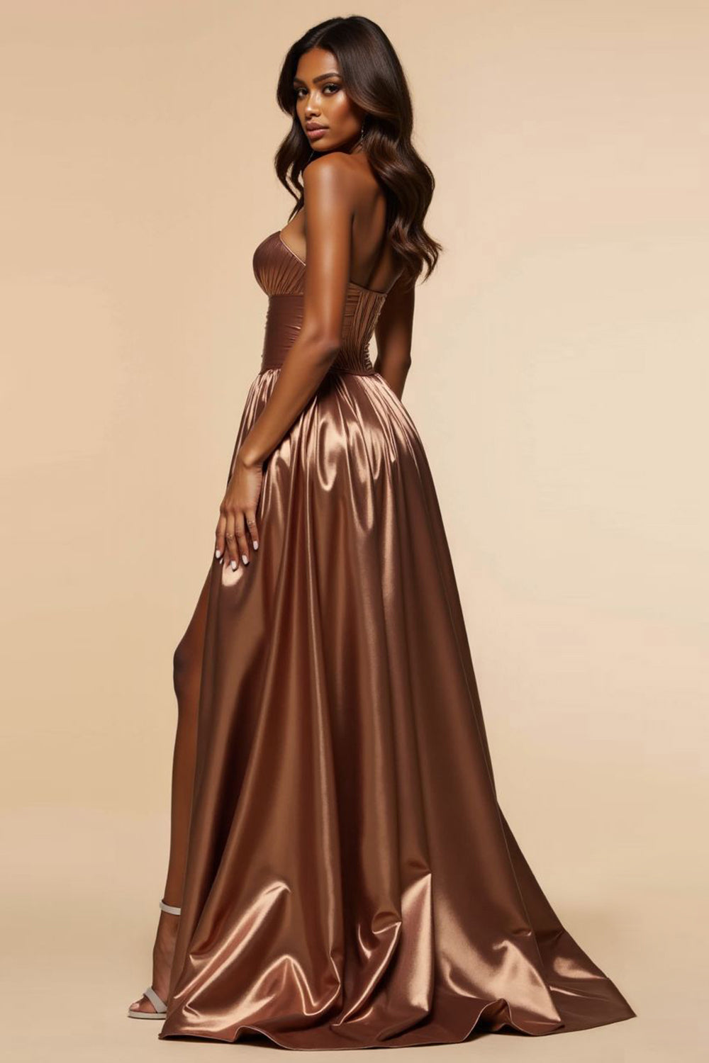 Brown A-Line Strapless Strapless Corset Long Prom Dress with Slit