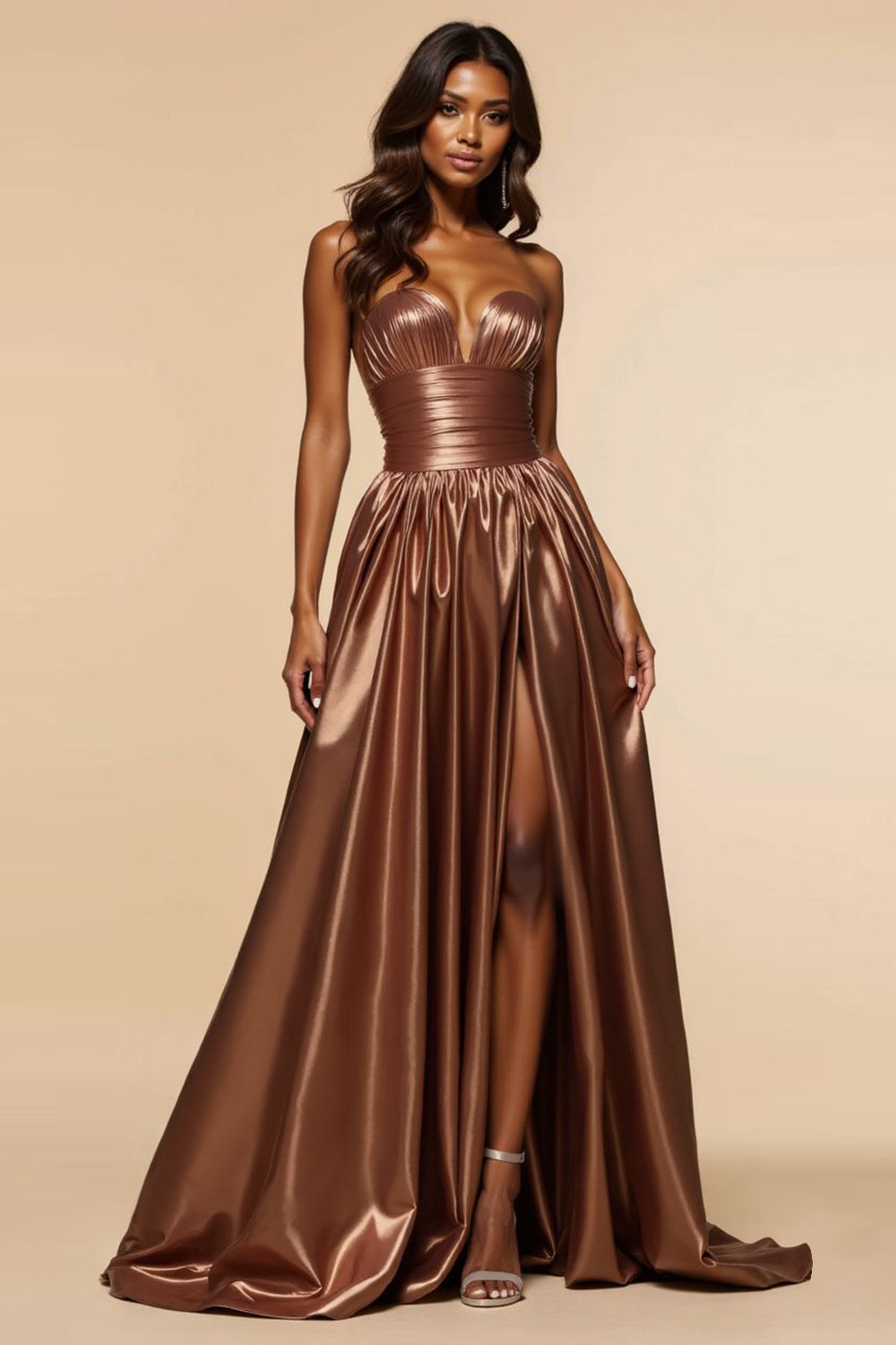 Brown A-Line Strapless Strapless Corset Long Prom Dress with Slit