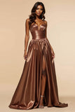 Brown A-Line Strapless Strapless Corset Long Prom Dress with Slit