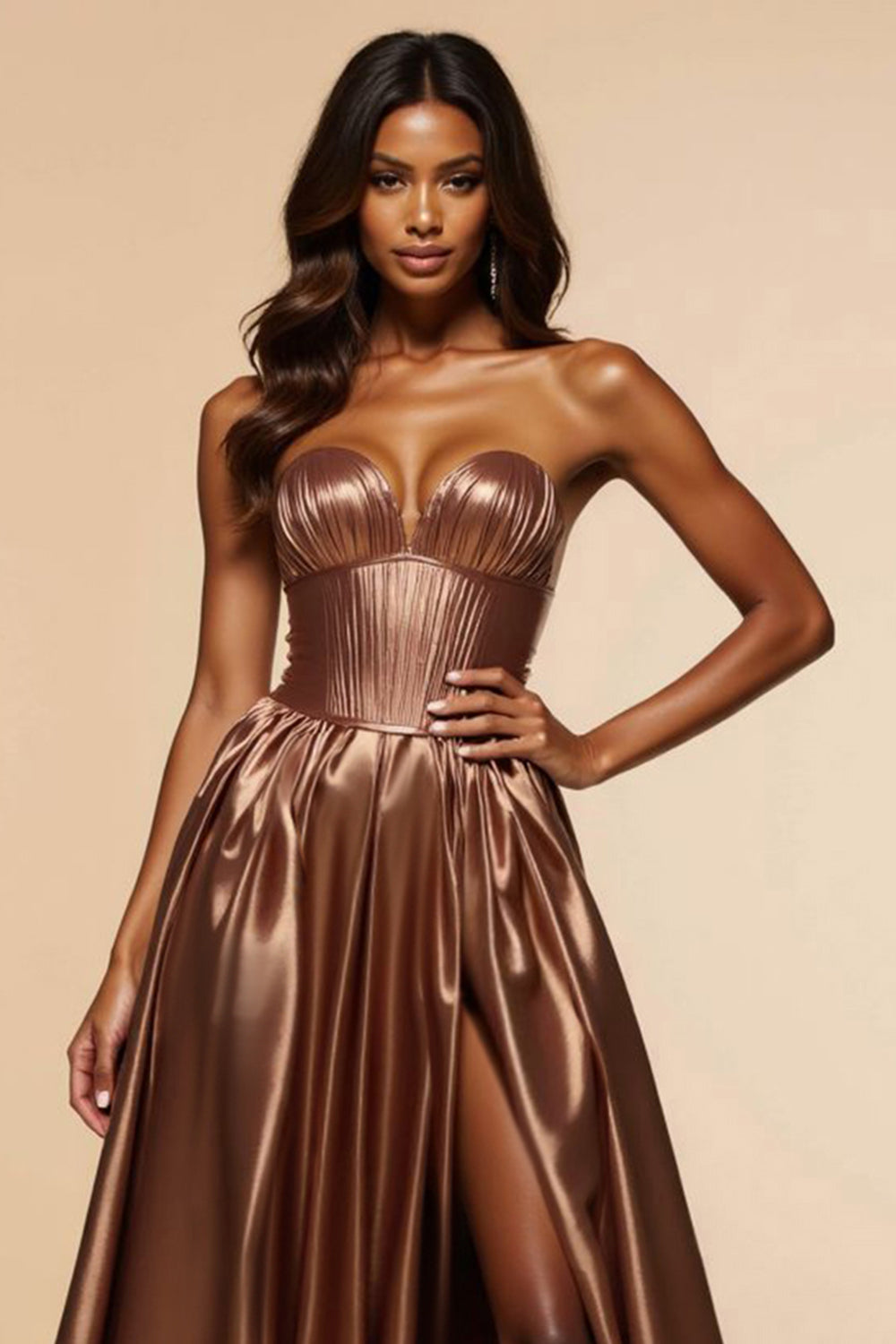 Brown A-Line Strapless Strapless Corset Long Prom Dress with Slit