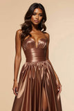 Brown A-Line Strapless Strapless Corset Long Prom Dress with Slit