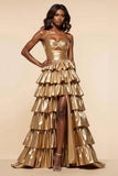 Golden A-Line Strapless Ruched Ruffles Ball Gown with Slit