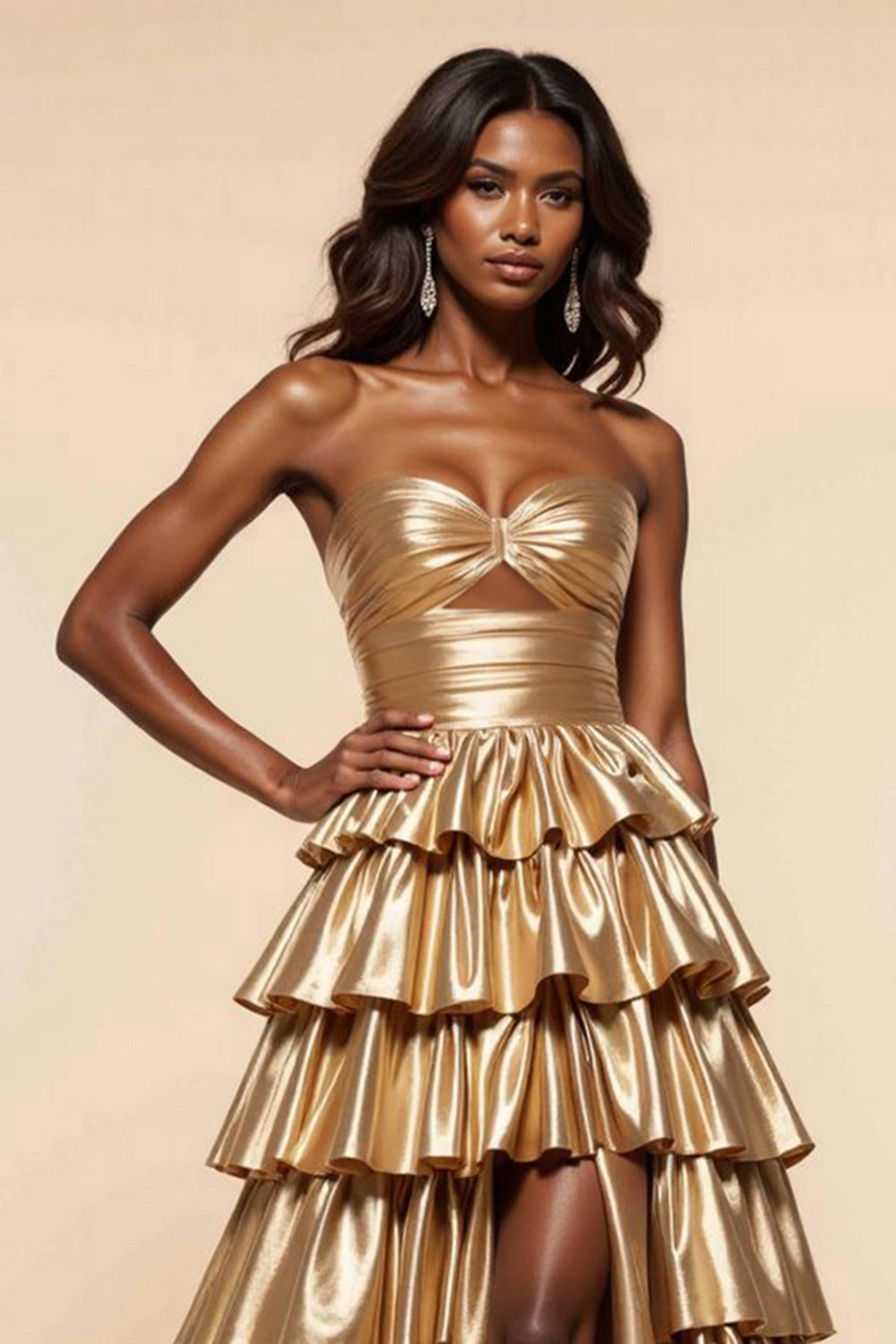 Golden A-Line Strapless Ruched Ruffles Ball Gown with Slit