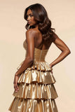Golden A-Line Strapless Ruched Ruffles Ball Gown with Slit