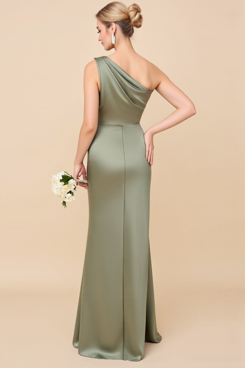 One Shoulder Sheath Eucalyptus Ruched Bridesmaid Dress