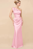 One Shoulder Sheath Eucalyptus Ruched Bridesmaid Dress