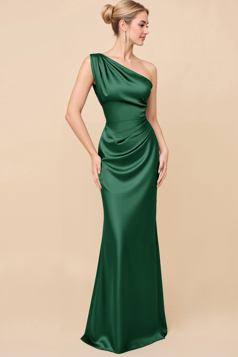 One Shoulder Sheath Eucalyptus Ruched Bridesmaid Dress