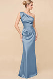 One Shoulder Sheath Eucalyptus Ruched Bridesmaid Dress
