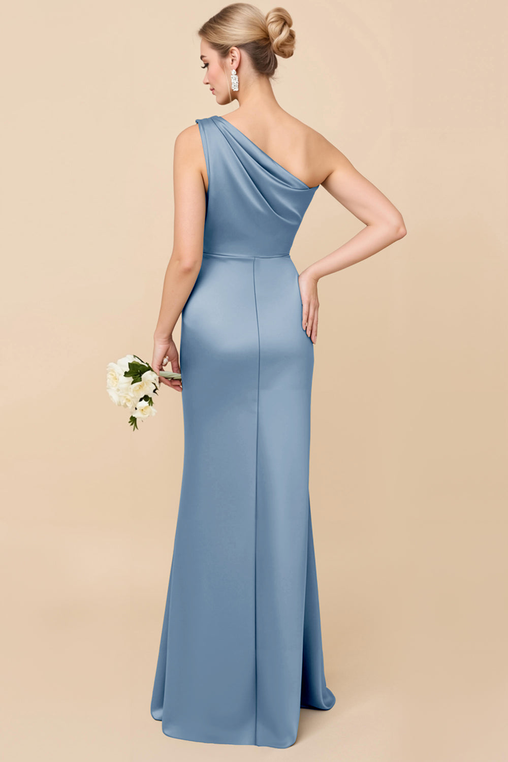 One Shoulder Sheath Eucalyptus Ruched Bridesmaid Dress