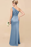 One Shoulder Sheath Eucalyptus Ruched Bridesmaid Dress